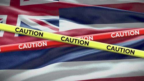 Videohive - Hawaii state flag waving background with yellow caution tape animation - 40933023 - 40933023