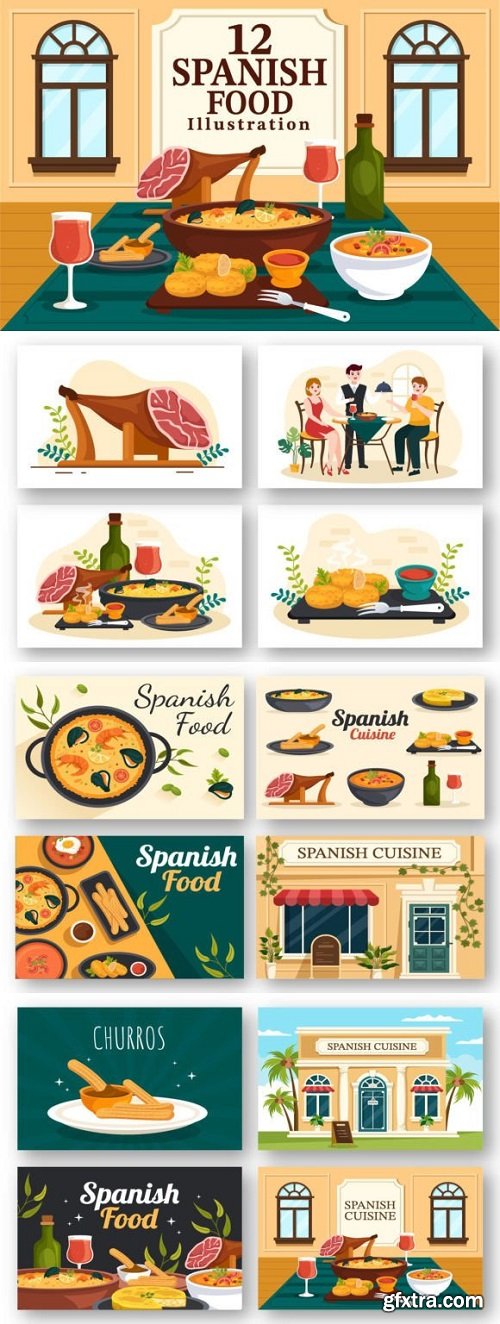 12 Spanish Food Cuisine Illustration