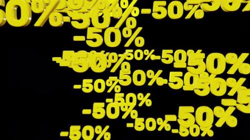 Videohive - Yellow minus fifty percent symbols fall down isolated on black background, looped 3d render - 41029923 - 41029923