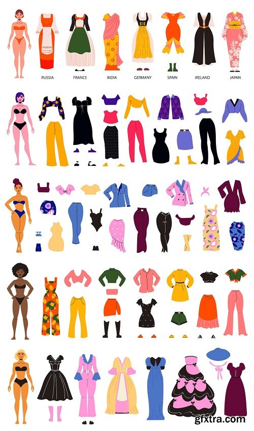 Paper doll clothes set isolated vector illustration