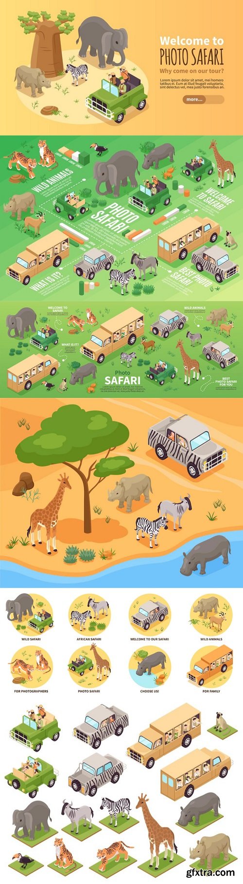 Isometric photo safari flowchart & icons