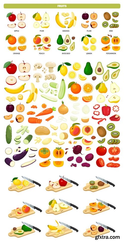 Big set of flat whole and sliced fresh fruits and vegetablesBig set of flat whole and sliced fresh fruits and vegetables