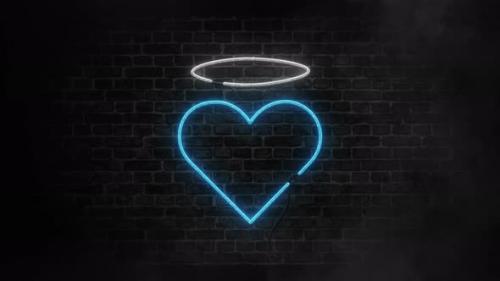 Videohive - Neon led angel heart sign with holy halo and smoke or fog effect on brick wall background - 41148641 - 41148641