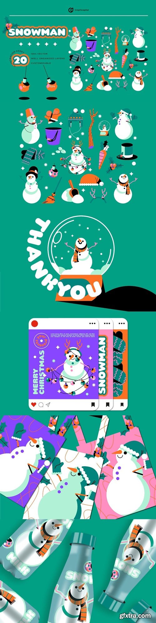 Turquoise Flat Design Snowman Illustration Set BH5RUHK