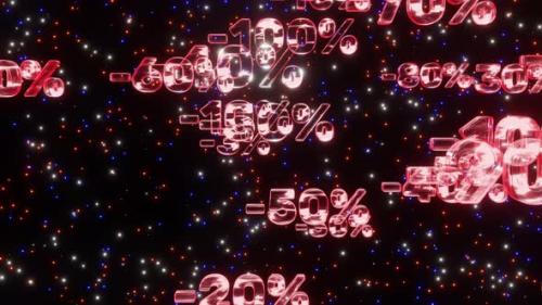 Videohive - Red neon minus random percent symbols fall down space with twinkling stars, looped 3d render - 41486215 - 41486215