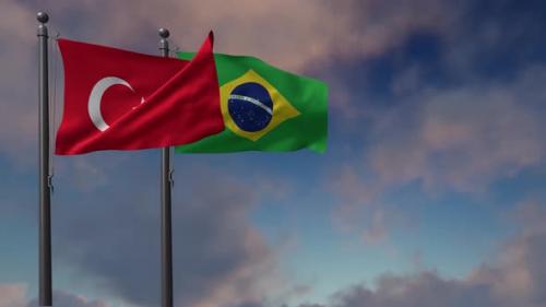 Videohive - Brazil Flag Waving Along With The National Flag Of The Turkey 4K - 41574190 - 41574190