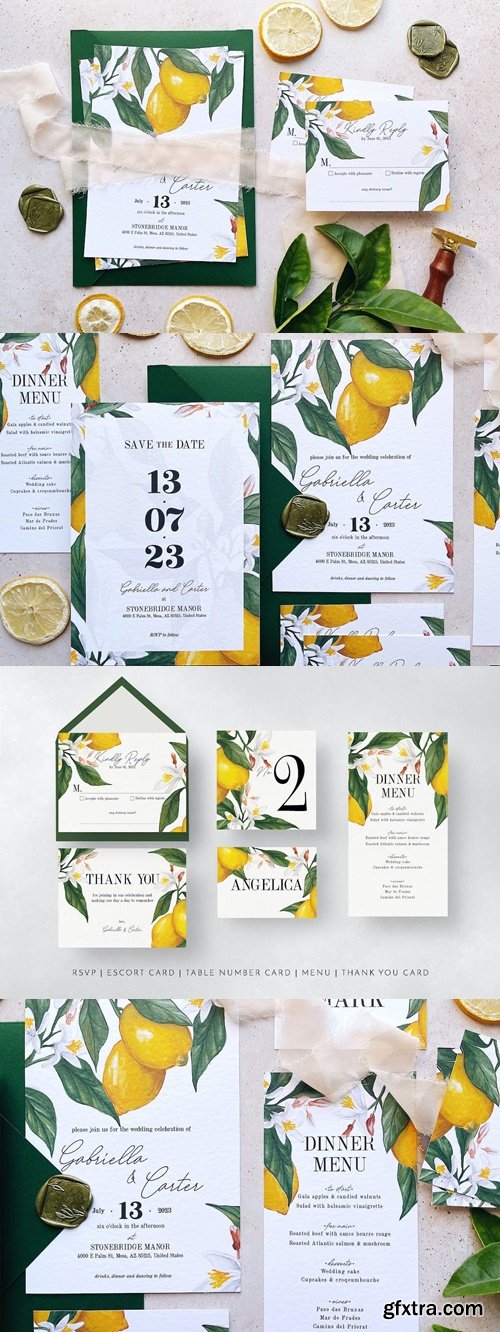 Lemon Watercolor Wedding Invitation Suite AKFS7YZ