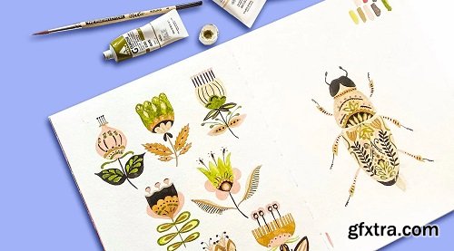 Modern Botanical Folk Art: Draw and Paint Whimsical Flowers and Leaves Using Gouache and Watercolor