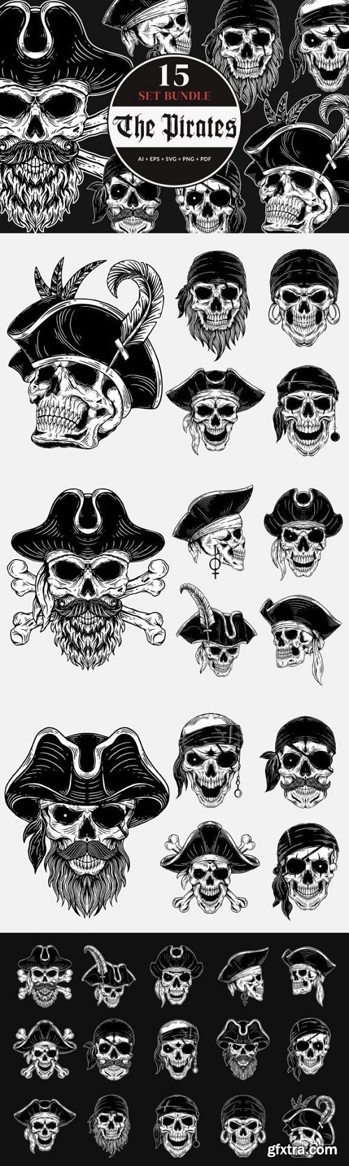 15 Bundle Pirate Captain Skull Head Art