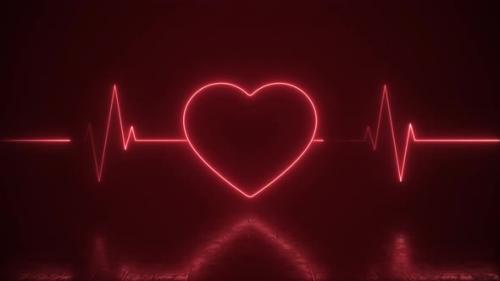 Videohive - Neon Heart With Heartbeat Line Life Support Loop Background - 41672299 - 41672299