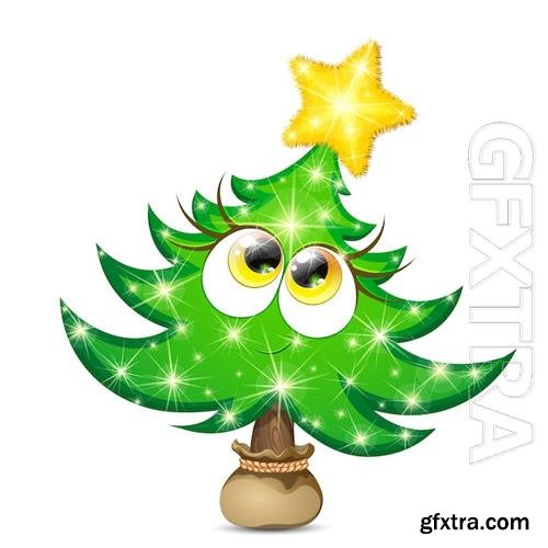 Funny fir tree girl character with yellow shiny star and christmas lights in a pot bag