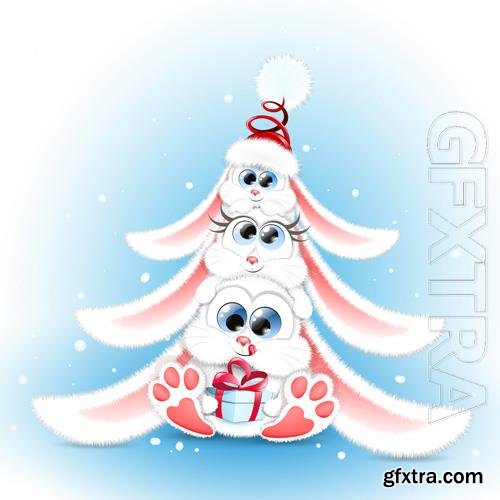 Cute fluffy cartoon white rabbit family sitting one on each other in christmas tree shape