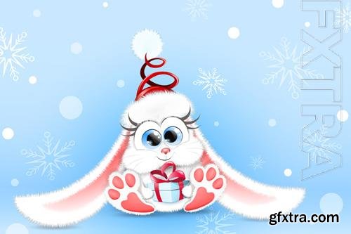 Cute fluffy cartoon white bunny in winter santa hat with little christmas gift box