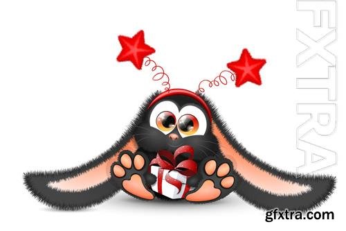 Cute fluffy black bunny in red star headband and gift box in his paws, chinese 2023 new year symbol