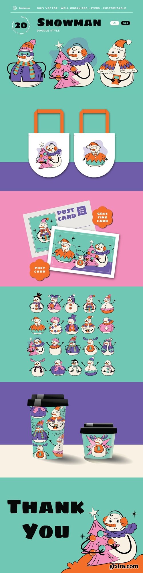 Blue Doodle Snowman Illustration Set NJVU8K2