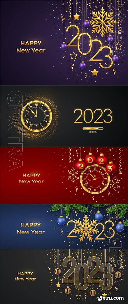 Happy new 2023 year hanging golden metallic numbers 2023 with snowflake balls pine branches and confetti