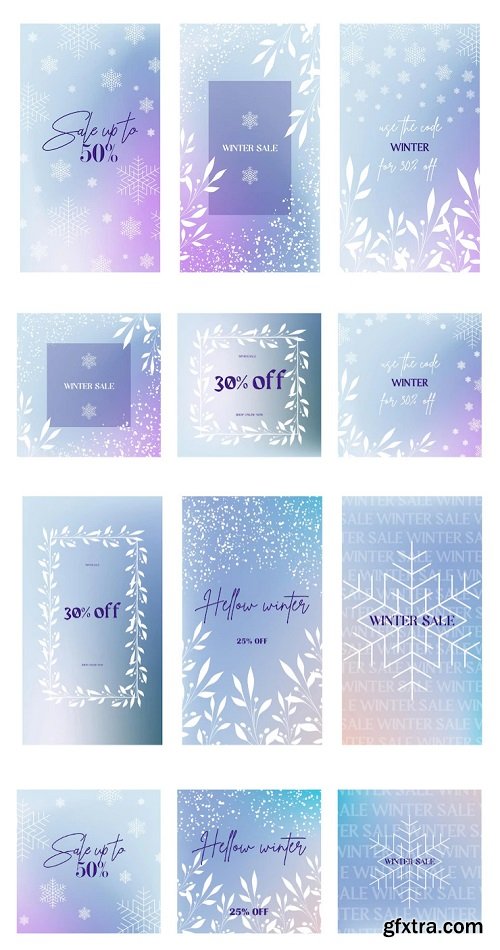 Winter sale stories banners fashion template set. winter snow design for instagram posts.