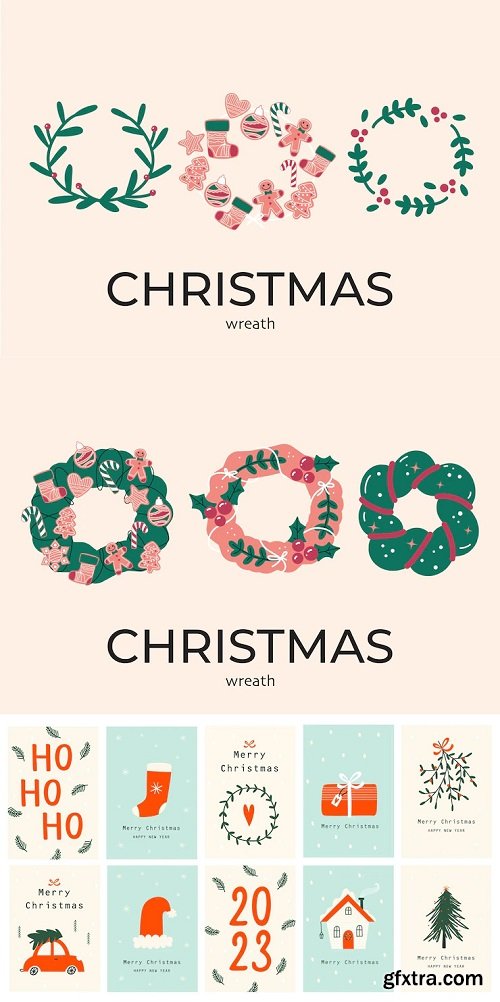 Vector set of silhouette of christmas wreath & christmas cards