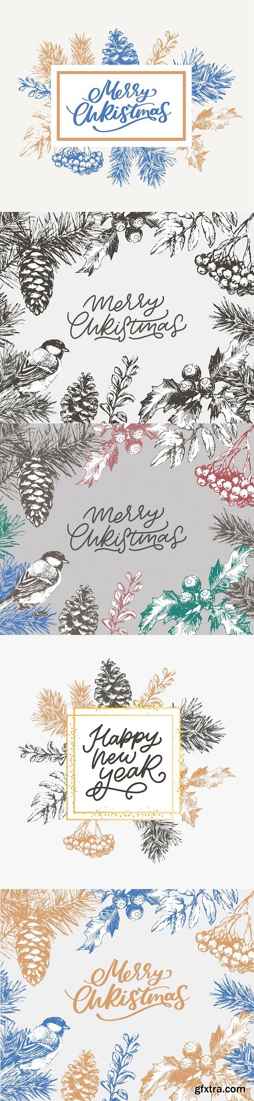 Merry christmas and happy new year abstract botanical cards