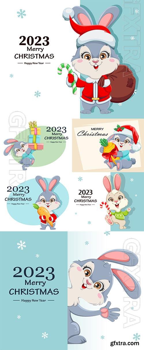 Merry xmas and happy new year cute cartoon rabbit