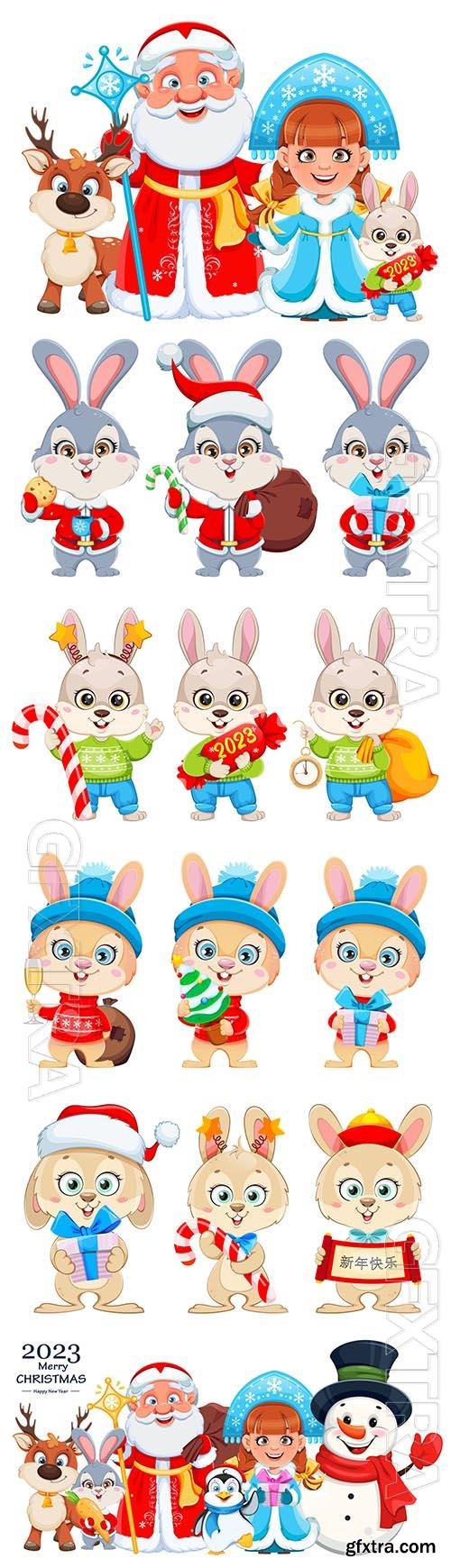 Cute rabbit, santa claus, snow maiden, snowman and cartoon animals christmas vector