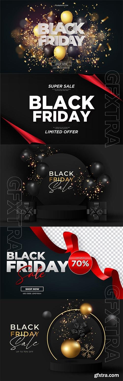 Black friday sale with realistic 3d balloons and bokeh explosion vector background