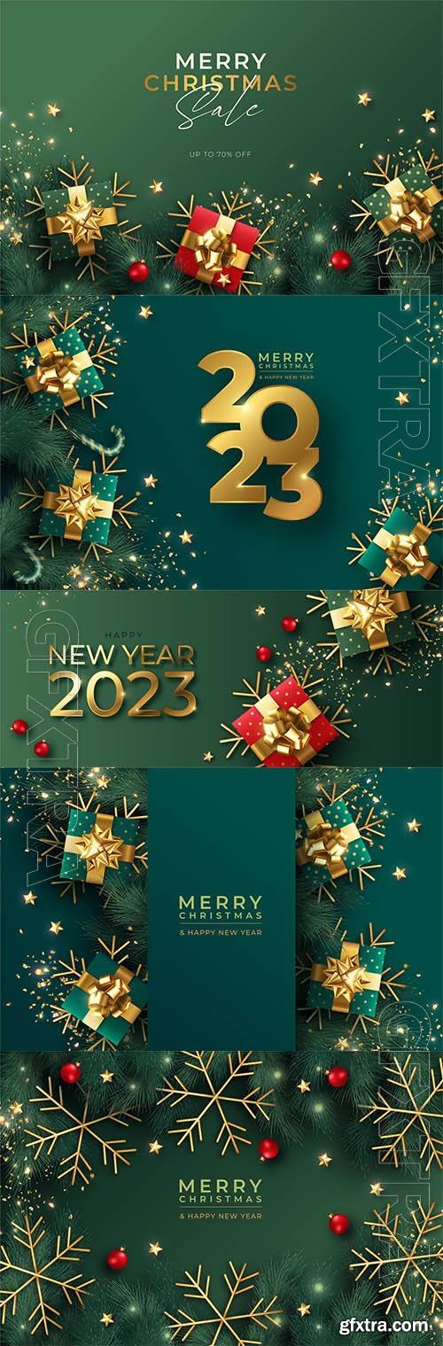 2023 Christmas background with winter nature and ornaments