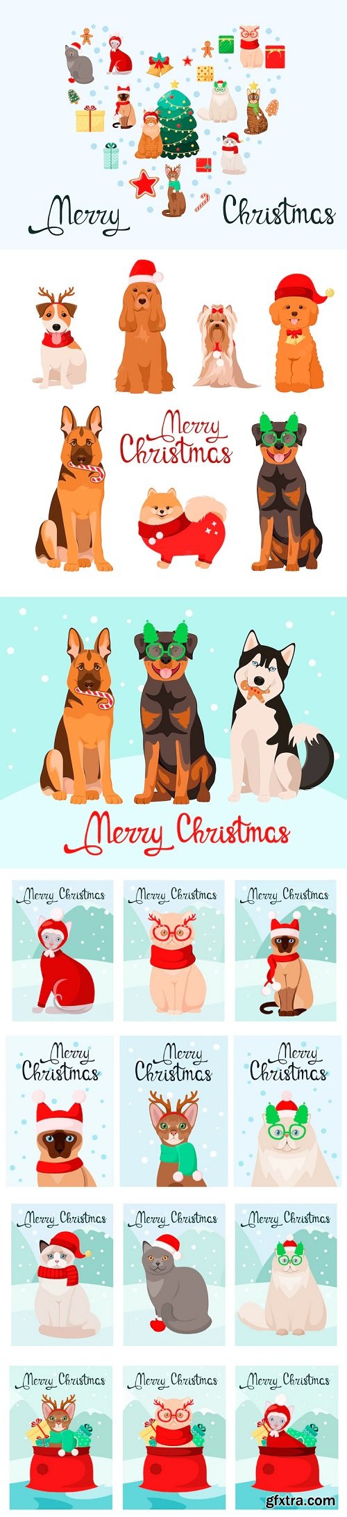 A set of christmas greeting cards with funny pets. cartoon design