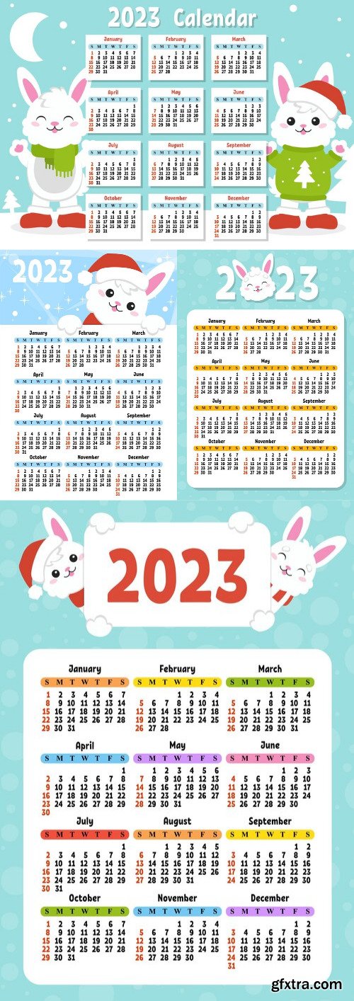 Color calendar for 2023 with a cute character rabbit