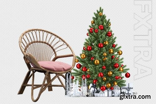 Christmas tree, gifts and armchair in 3d rendered