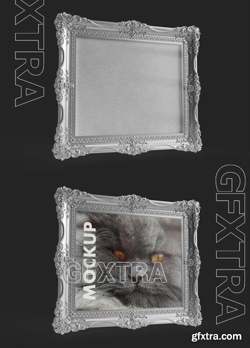 Simply Beautiful Silver and Ornamented Frame Mockup on a Dark Background 503738826