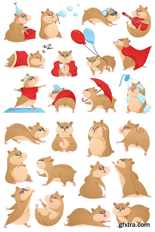 Cartoon hamsters cute pet in different poses