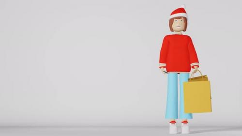 Videohive - 3d character girl Christmas Gift shopping bag Woman buyer loop animation 4K white background - 41715631 - 41715631