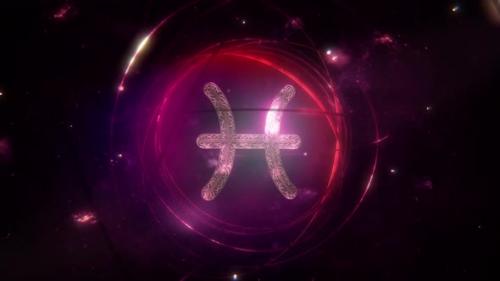 Videohive - Pisces Zodiac Sign with Golden Horoscope Ornament and Rings on Purple Galaxy Loop Background - 41719232 - 41719232