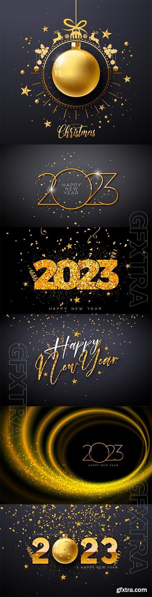 Vector happy new year 2023 illustration with gold lettering