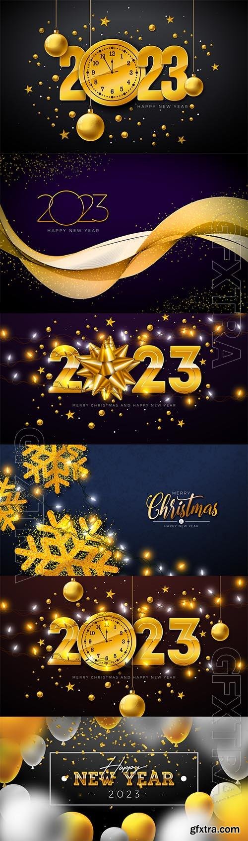 Happy new year 2023 illustration with gold number clock and ornamental glass ball on dark background