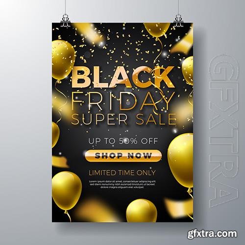 Black friday sale illustration with golden lettering and party balloon on dark background