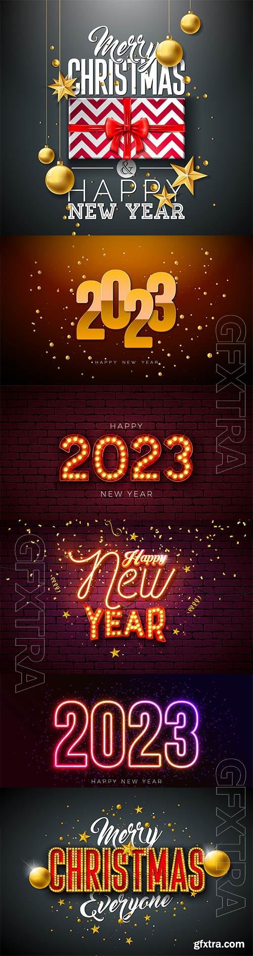 Happy new year 2023 illustration with gold ornamental ball and falling confetti on shiny background