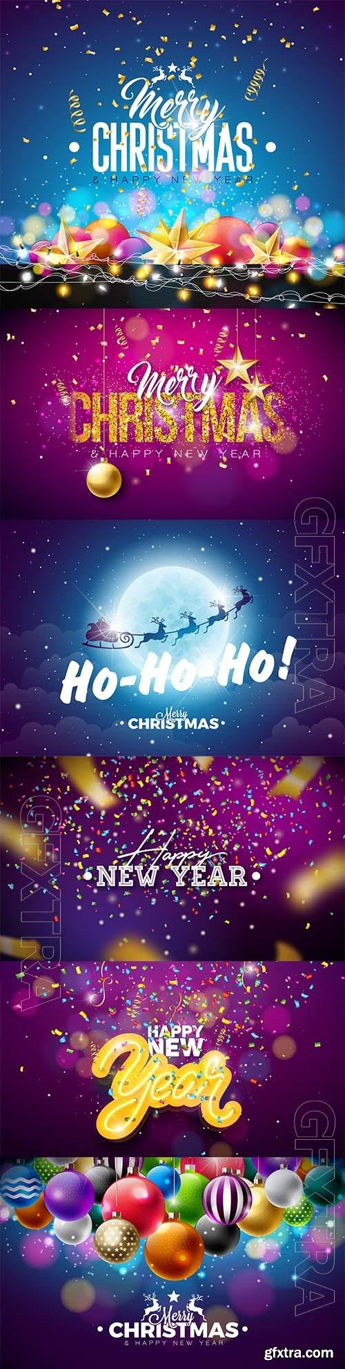 Merry christmas and happy new year illustration with colorful glass ball and intertwined tube