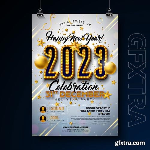 2023 new year party celebration poster template with lights bulb number and gold christmas ball