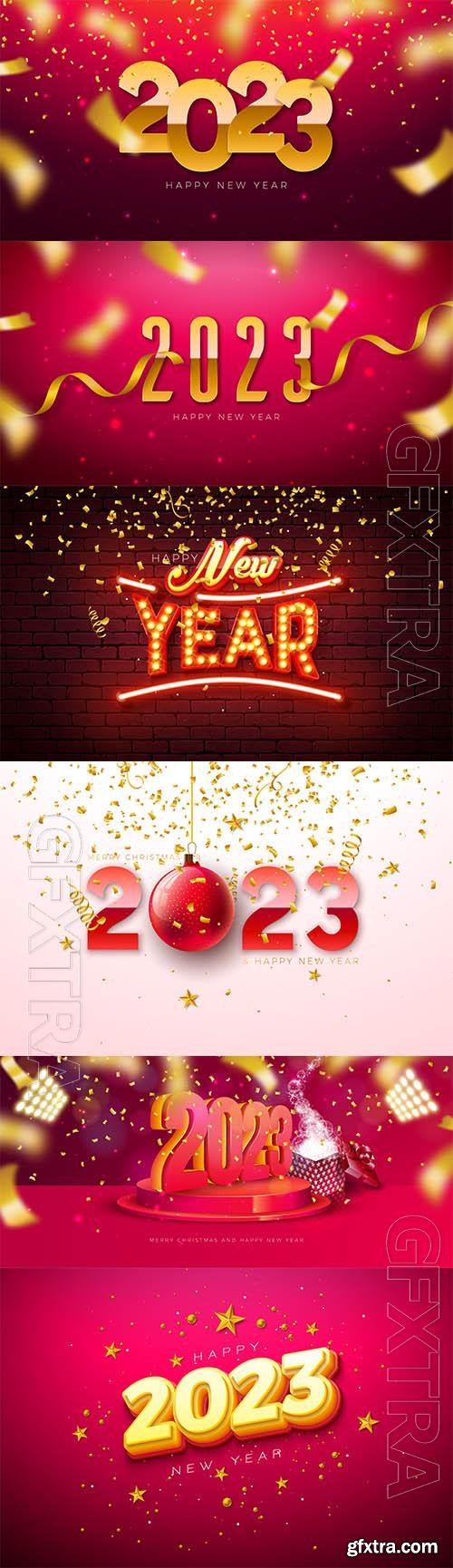 Happy new year 2023 illustration with glowing light bulb number and gold star