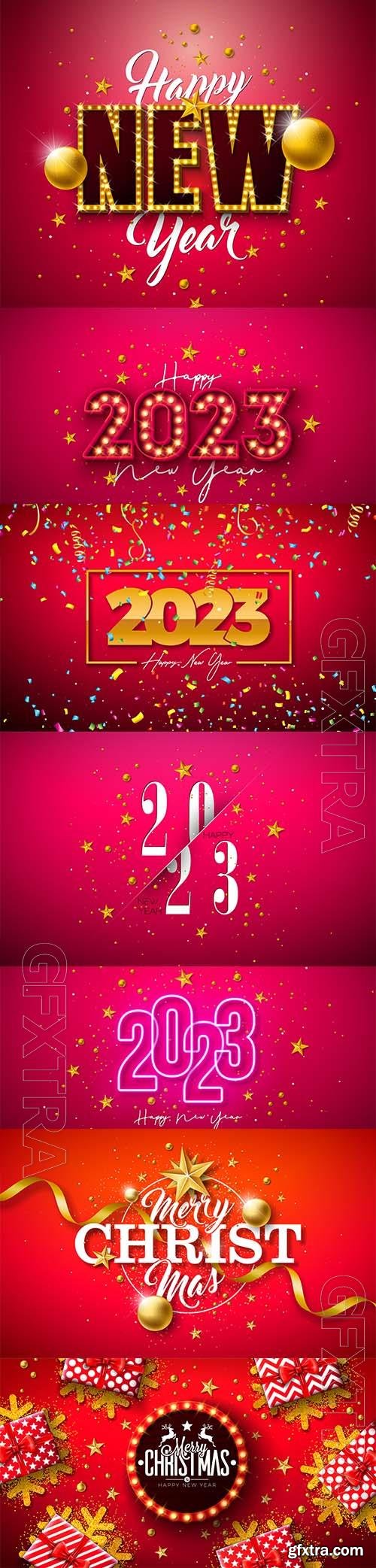 Merry christmas and happy new year 2023 illustration with gold glass ball