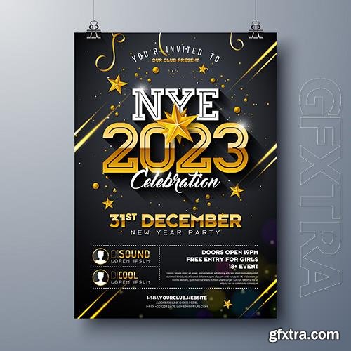 2023 new year party celebration poster template design with shiny gold number on black background