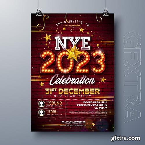 2023 new year party celebration poster template design with lights bulb marquee number and gold star