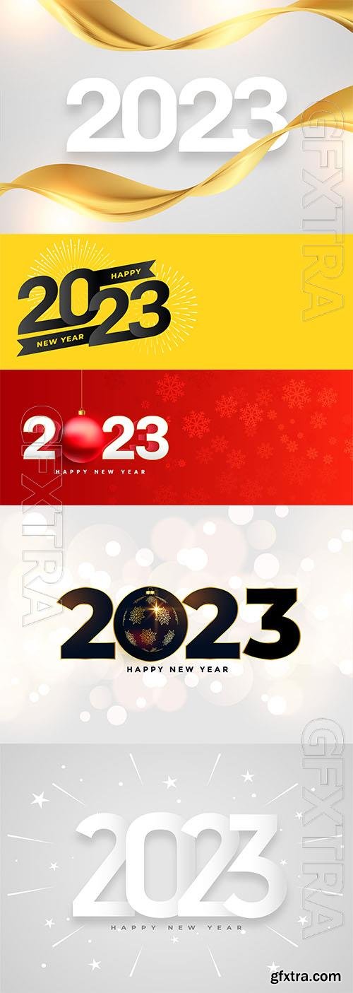 Happy new year 2023 holiday card with golden ribbon