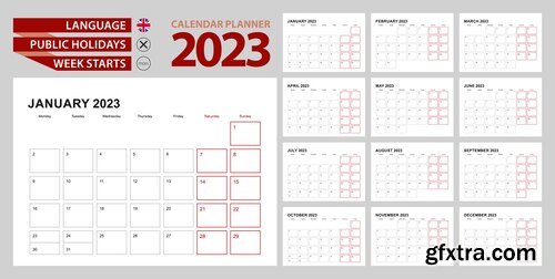 Wall calendar planner 2023 in english week starts in monday