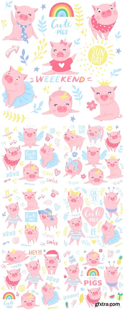 Cute pink pigs vector set