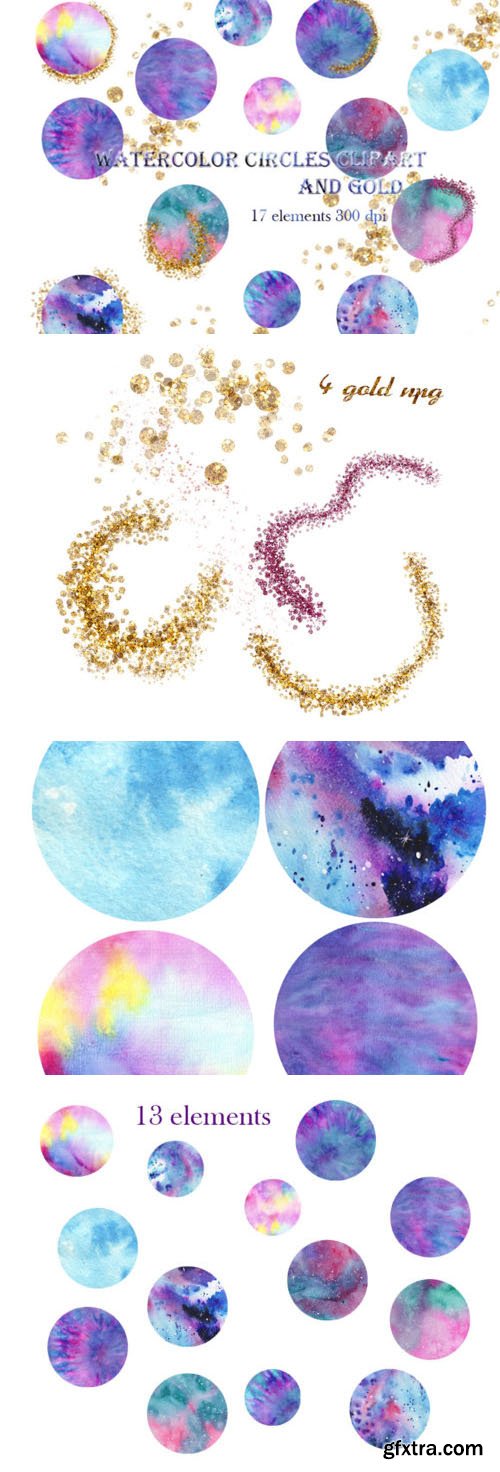 Watercolor Circles Clipart & Decorative Golden PNG Graphics