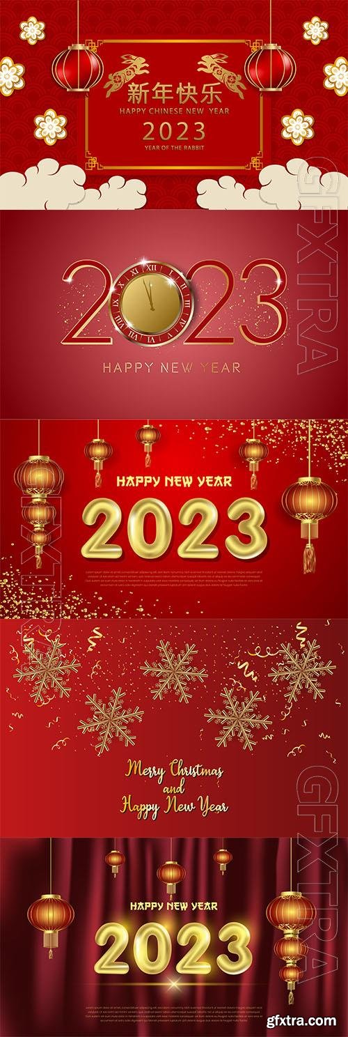 Happy new year 2023 vector with 3d gold number and red curtain background