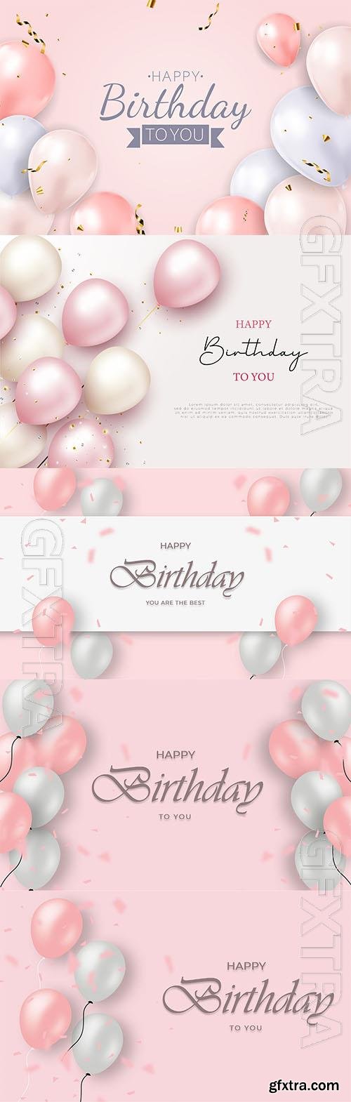 Realistic happy birthday background with pink and white balloons